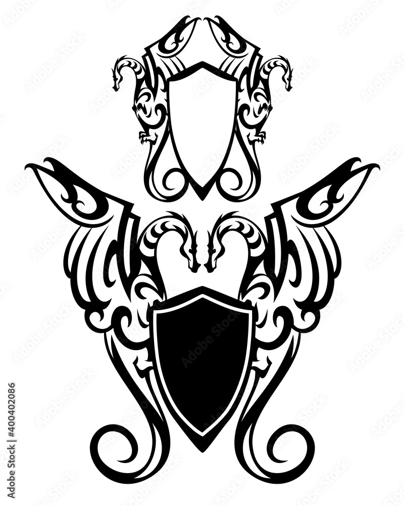 pair of fantasy dragons holding heraldic shield - black and white vector fairy tale coat of arms design set pair of fantasy dragons holding heraldic shield - black and white vector fairy tale coat of arms design set