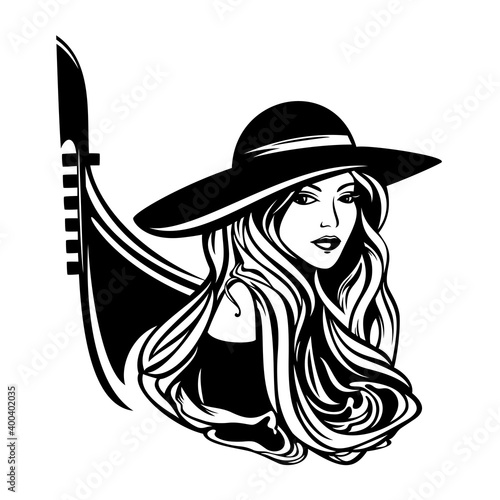 italian woman with long gorgeous hair wearing wide brim hat with gondola boat outline - black and white vector portrait of beautiful tourist in venice