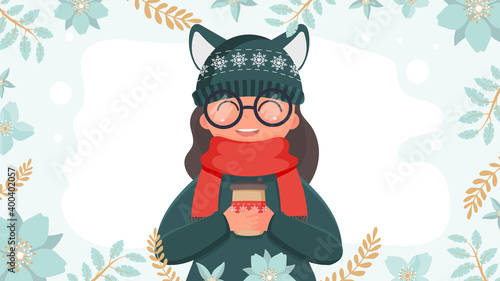 A girl in warm winter clothes holds a cup with a hot drink in her hands. Vector illustration.