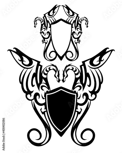 pair of fantasy dragons holding heraldic shield - black and white vector fairy tale coat of arms design set