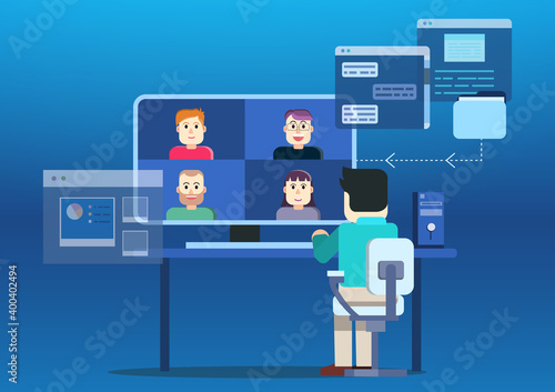 Video conference. Online meeting work form home. Home office. Multiethnic business team. Stay at home and work from home. Epidemic, lockdown.