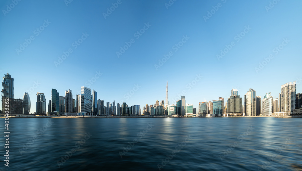Fototapeta premium Panoramic views of the urban Skyline and modern skyscrapers in Dubai UAE. 