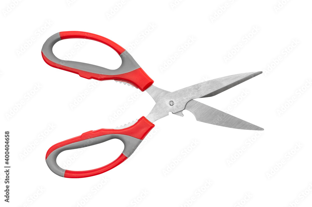 Opened kitchen scissors. Isolated on white. Opened kitchen scissors. Isolated on white.