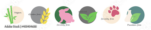 Icon Set: Gluten Free, Cruelty Free, Paraben Free, Vegan and Natural. In trendy colors. For a healthy diet and life
