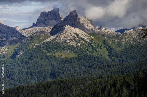 View of Dolomite mountain peaks as seen from from Gardenacia refuge, located on Gardenacia high plateau in Puez-Odle Nature Park, La Villa village, Trentino, Alto Adige, South Tirol, Italy.