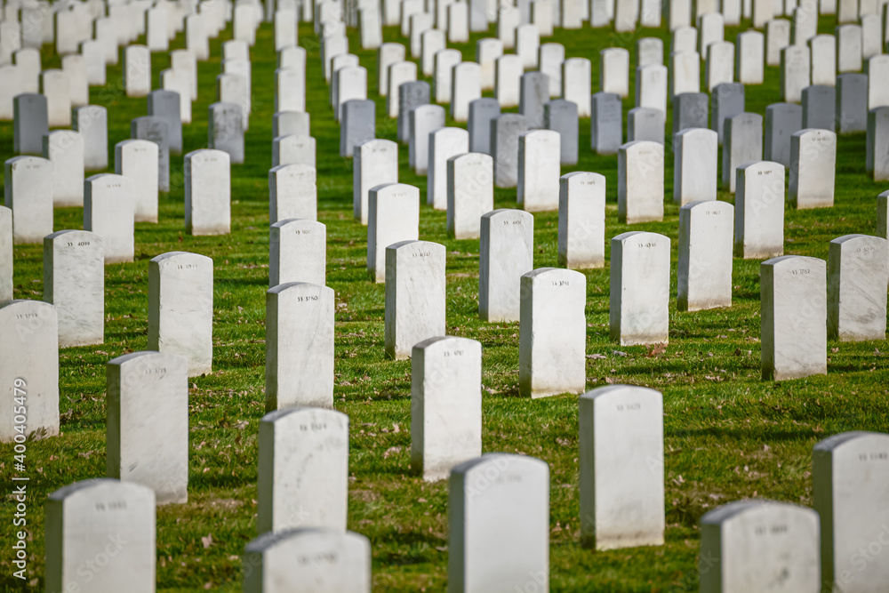 Group of white marble headstones in the green grass at Arlington National Cemetery in Northern Virginia