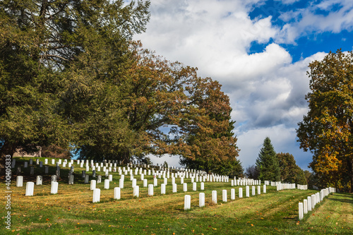 Rows of headstones in Soldiers' National Cemetery at Gettysburg National Military Park in Pennsylvania