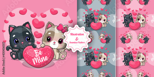 cute cat couple for valentine. invitation card. seamless pattern