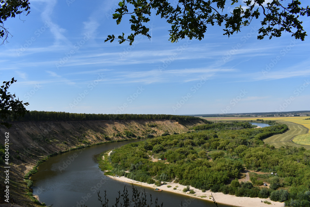 river with mountain and field with millet river with mountain and field with millet