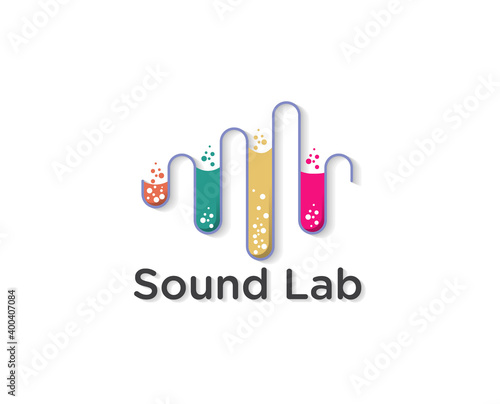 Abstract music logo design vector. Clean and modern concept of equalizer with lab symbol