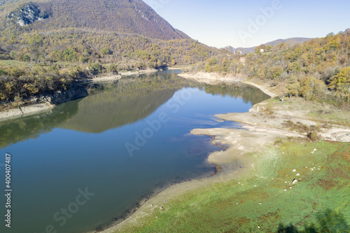 Aerial view of Lake Turano in Rieti  Castel di tora  colle di tora and Ascrea lakeside villages