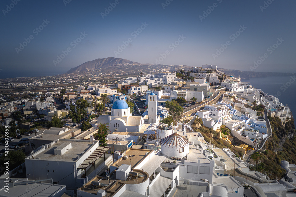 Fototapeta premium imerovigli, Santorini island with colorful volcanic cliffs and deep blue sea aerial view