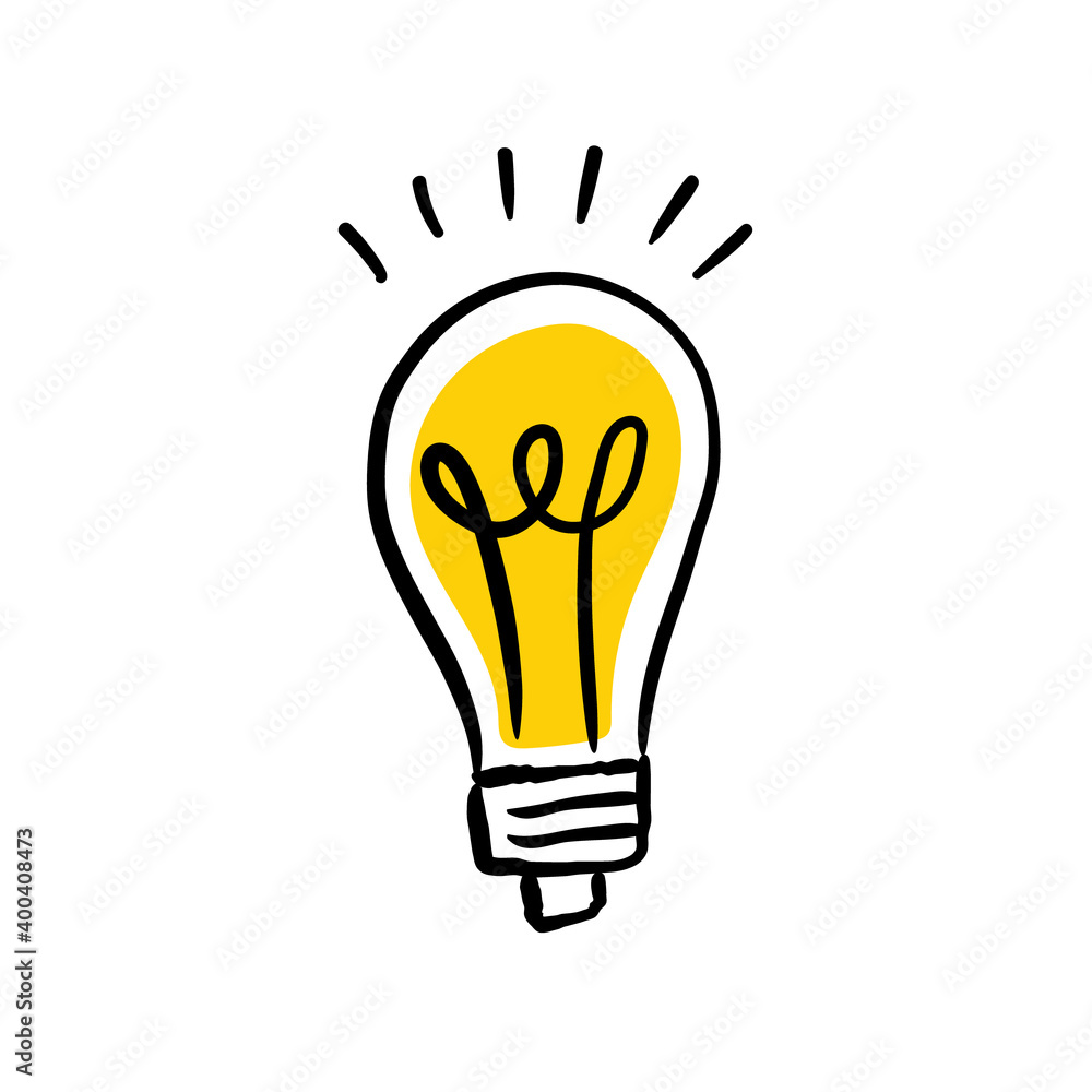 Shining light bulb doodle illustration. Hand drawn bright electric lamp. Symbol of idea and solution. Shining light bulb doodle illustration. Hand drawn bright electric lamp. Symbol of idea and solution.