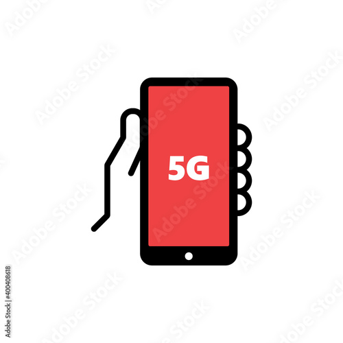 Hand holding mobile phone with 5g symbol on the screen. Vector icon. Connectivity and communication symbol.