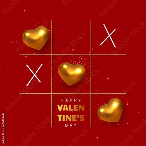 Valentines day concept. Tic tac toe game with criss cross metallic golden hearts and x sign. Glitter line, flat red background. Vector.