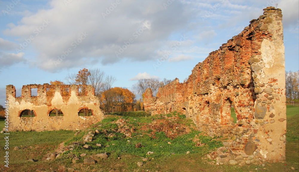 Paulavos Republic in Lithuania. Old Bricks Ruins with Forest in Background