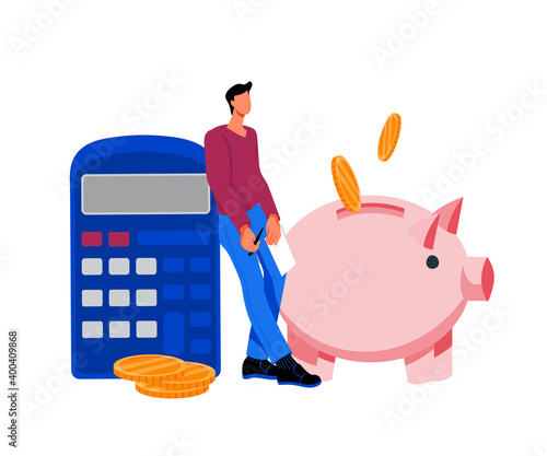  Man standing next to calculator and piggy bank. Concept of money saving and accounting, budget management, flat vector illustration isolated on white background.