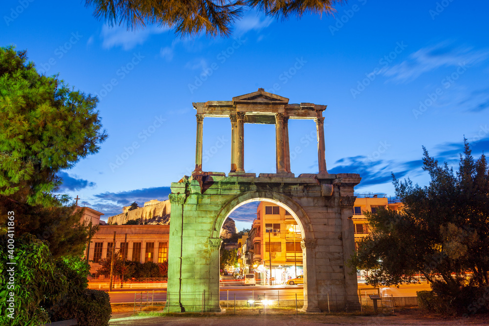 The Arch of Hadrian, commonly known in Greek as Hadrian's Gate, a monumental  gateway resembling a Roman triumphal arch. It spanned an ancient road from the center of Athens, to the temple of Zeus.