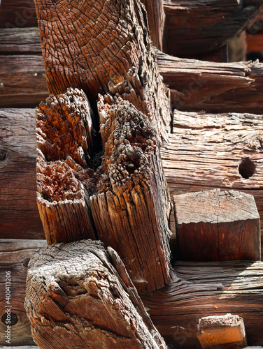 old wood texture, beams of a traditional Swiss house construction, Grachen Wallis Switzerland  photo