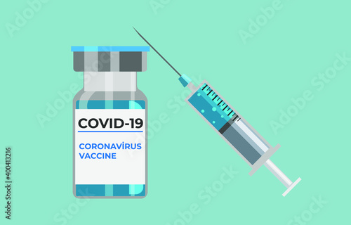 Covid-19 or coronavirus vaccine vial and syringe vector on isolated gray background. 2021 vaccine year concept. Vaccine against coronavirus for prevent infection