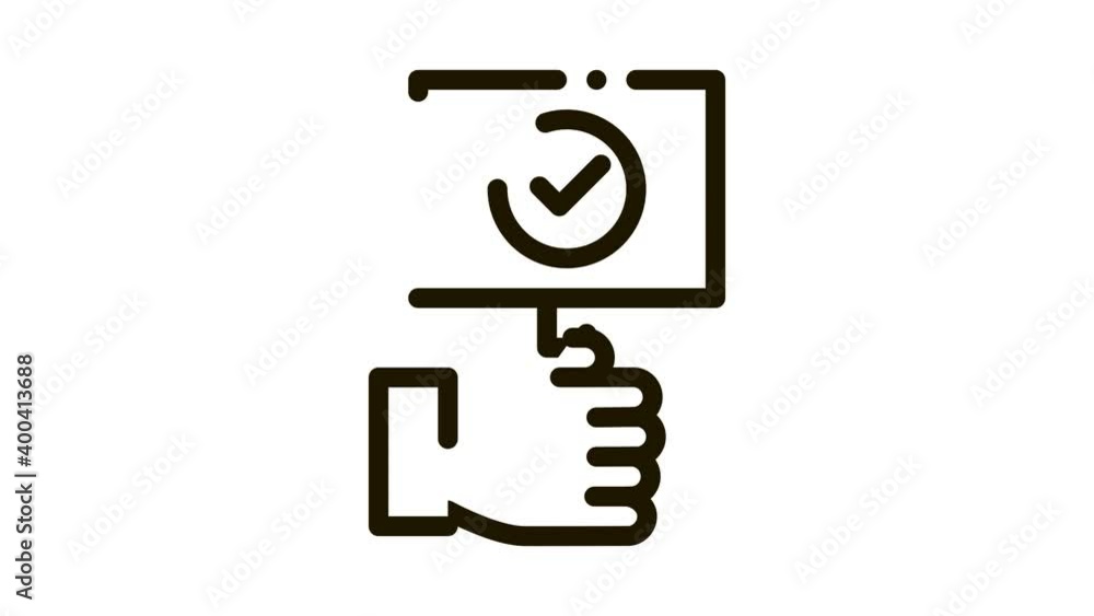 Hand Holding Tablet With Approved Mark animated black icon on white background Hand Holding Tablet With Approved Mark animated black icon on white background
