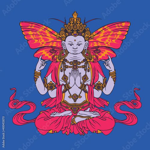 Banner with hand-drawn Krishna on a blue background. Decorative vector illustration of a seated Krishna with butterfly wings meditating in the lotus position. Supreme God in the religion of Krishnaism