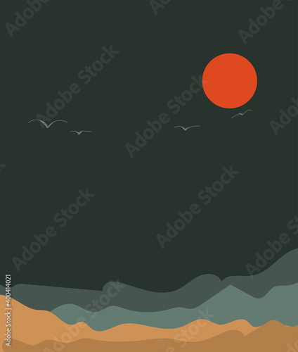 Vector illustration of a mountain landscape with forest. sunset in the mountains.