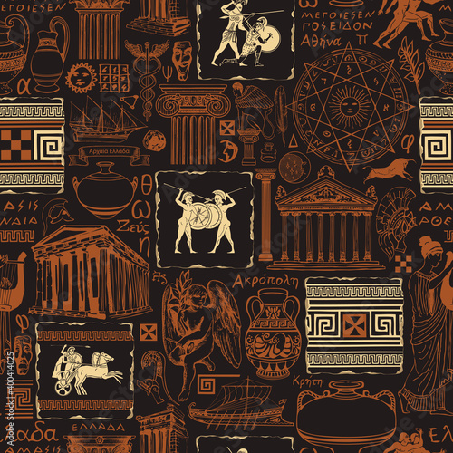 Seamless pattern on the theme of Ancient Greece. Vector background, Wallpaper, wrapping paper, fabric with sketches of architectural landmarks and symbols of ancient Greek culture on black background