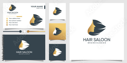 Hair saloon logo for woman with modern unique concept and business card design template Premium Vector