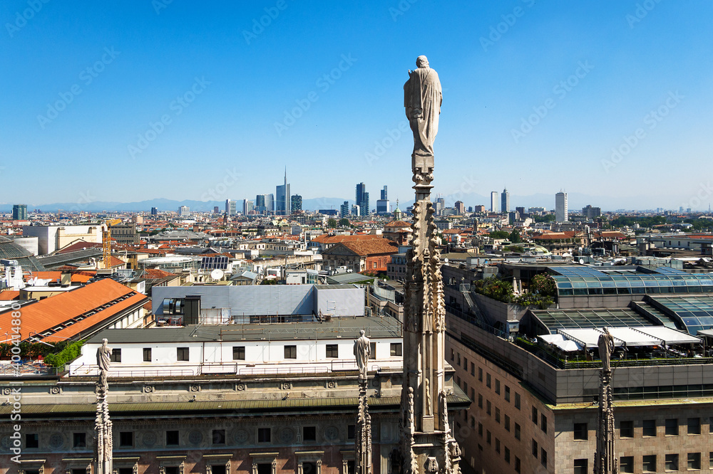 Milan skyline with modern skyscrapers in Porto Nuovo business district in Italy. Panoramic view from Milan Duomo rooftop.