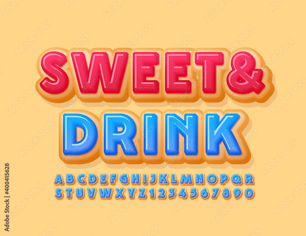 Vector delicious logo Sweet and Drink. Blue glazed Font. Tasty Donut Alphabet Letters and Numbers set Vector delicious logo Sweet and Drink. Blue glazed Font. Tasty Donut Alphabet Letters and Numbers set