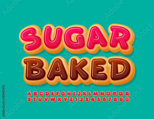 Vector sweet banner Sugar Baked. Delicious cake Font. Pink glazed Alphabet Letters and Numbers set