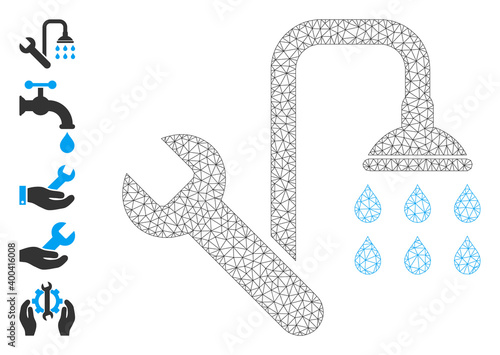 Mesh polygonal plumbing icon with simple symbols created from plumbing vector graphics. Frame mesh polygonal plumbing. Wire frame flat mesh in vector EPS format.
