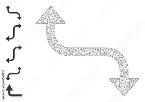 Mesh network opposite bend arrow icon with simple carcass created from opposite bend arrow vector graphics. Carcass mesh polygonal opposite bend arrow. Linear carcass flat network in vector EPS format