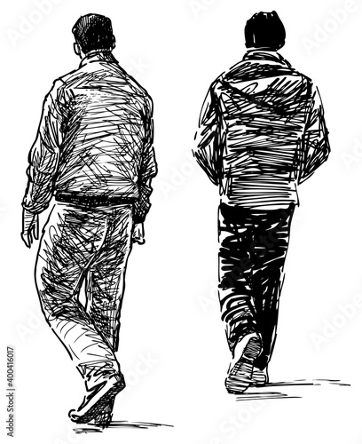 Freehand drawing of casual city pedestrians walking along street