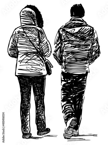 Freehand drawing of couple casual citizens walking along street