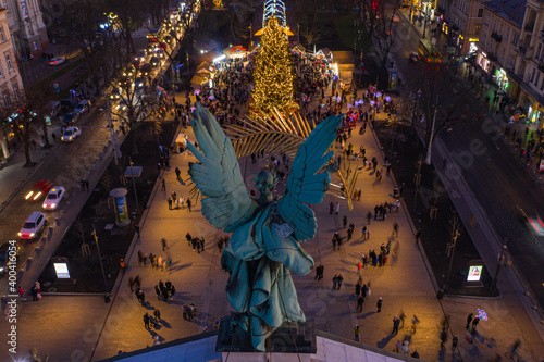 Christmas tree near Opera House in Lviv  Ukraine. View from drone