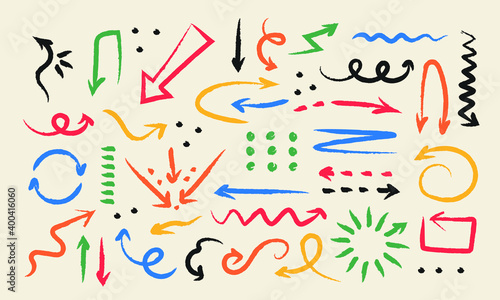 Set of doodle arrows various shapes. Hand drawn direction pointers twisted and straight in brush stroke style. Grunge texture. Vector illustration