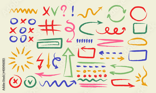 Various doodle arrows, colorful direction pointers, sketchy lines curves circles dots brush stroke style. Hand drawn abstract vector set