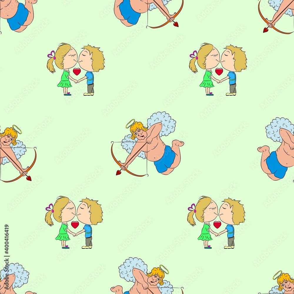 Vector illustration. Seamless pattern cupid and couple in love on a light background. Design element for poster, banner, clothes. Vector illustration. Seamless pattern cupid and couple in love on a light background. Design element for poster, banner, clothes.