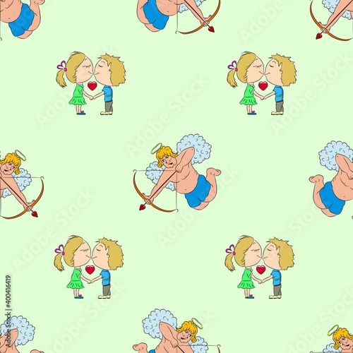 Vector illustration. Seamless pattern cupid and couple in love on a light background. Design element for poster, banner, clothes.