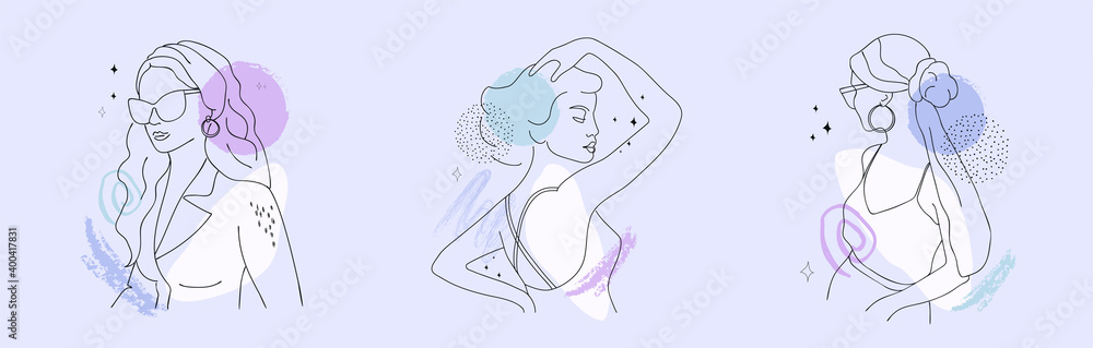 Set illustrations linear woman portrait.Creative freehand composition in contemporary abstract style with colorful geometric elements. Set illustrations linear woman portrait.Creative freehand composition in contemporary abstract style with colorful geometric elements.