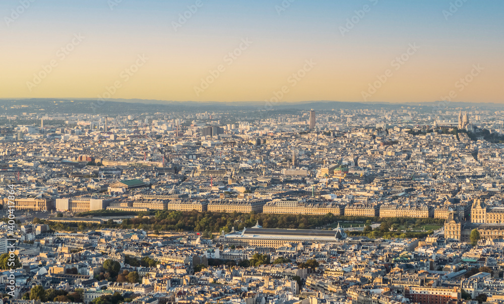 Aerial view of the center of Paris at sunset