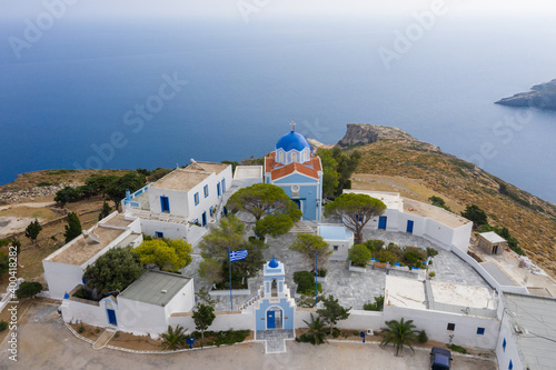 Greece. Kea island, Kastriani monastery, blue sea background.