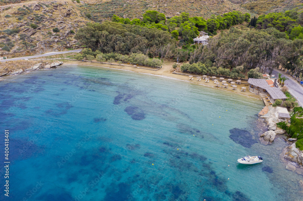 Kea Tzia island, Cyclades, Greece. Gialiskari bay and beach aerial drone view