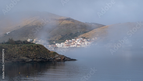 Kea Tzia island, Greece. Fog over Korissia port