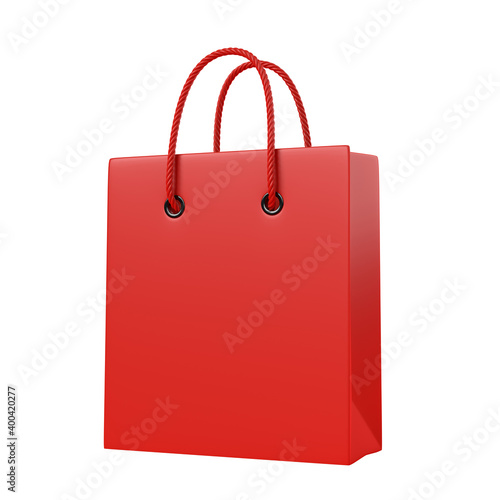 Empty red color shopping bag isolated on the white background, copy space text, creative concept. 3d render illustration