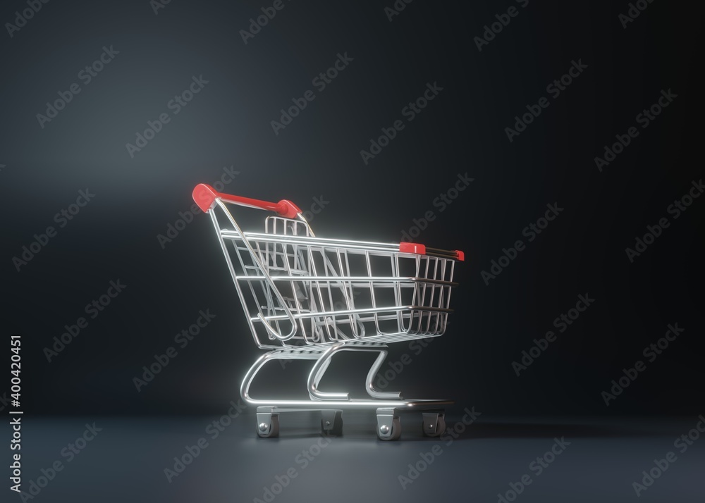 Shopping cart on a black background. Shopping Trolley. Grocery push cart. Minimalist concept, isolated cart. 3d render illustration