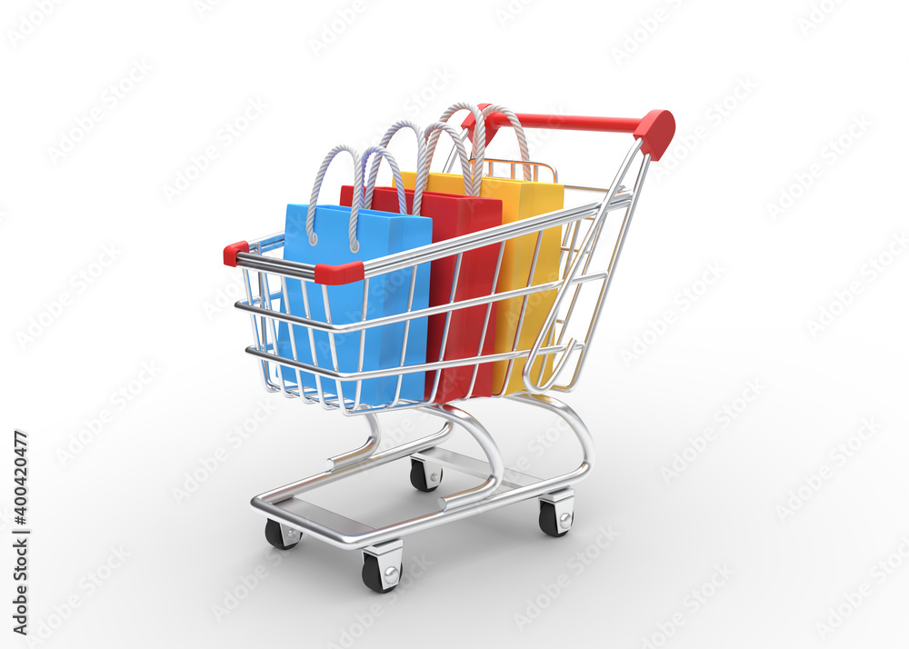 Shopping cart with shopping bags isolated on a white background. Shopping Trolley. Grocery push cart. Minimalist concept, isolated cart. 3d render illustration Shopping cart with shopping bags isolated on a white background. Shopping Trolley. Grocery push cart. Minimalist concept, isolated cart. 3d render illustration