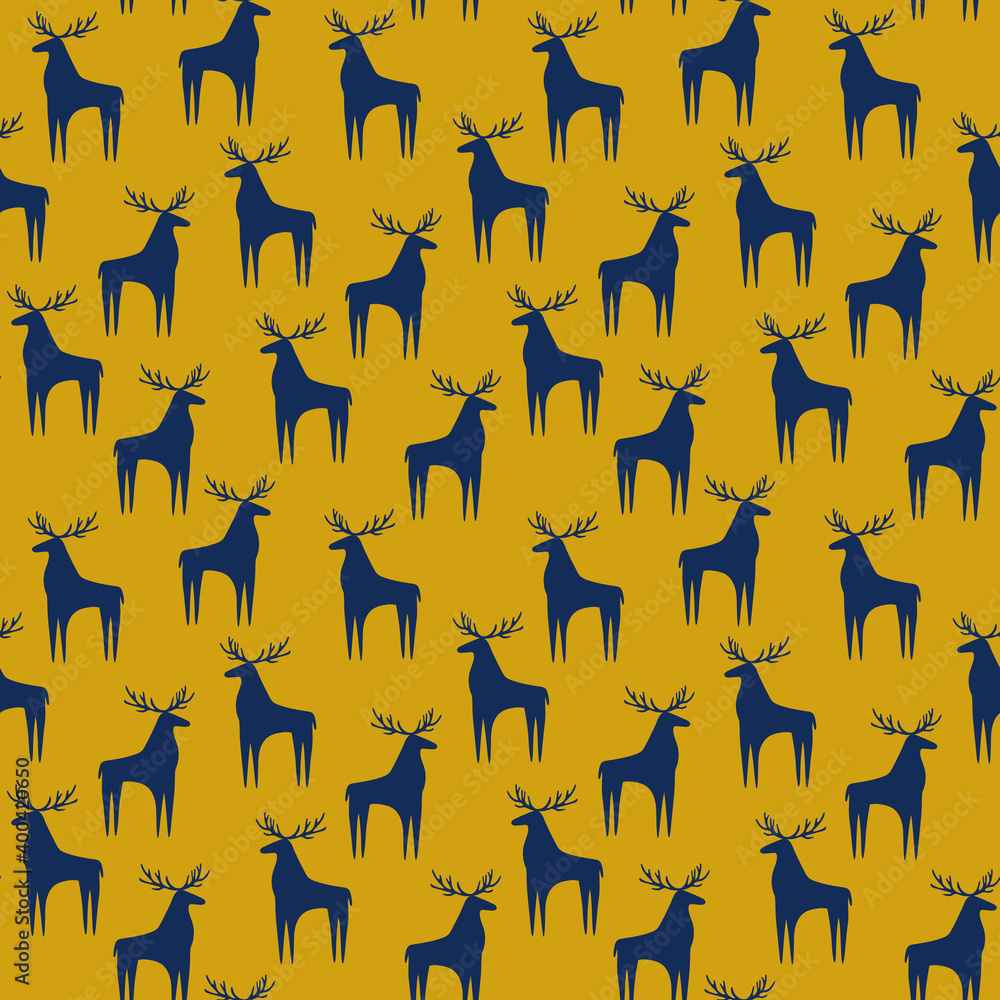Seamless pattern with dark blue deer on yellow background. Christmas and New Year pattern, perfect for wrapping paper, textiles, cards, invitations, posters Seamless pattern with dark blue deer on yellow background. Christmas and New Year pattern, perfect for wrapping paper, textiles, cards, invitations, posters